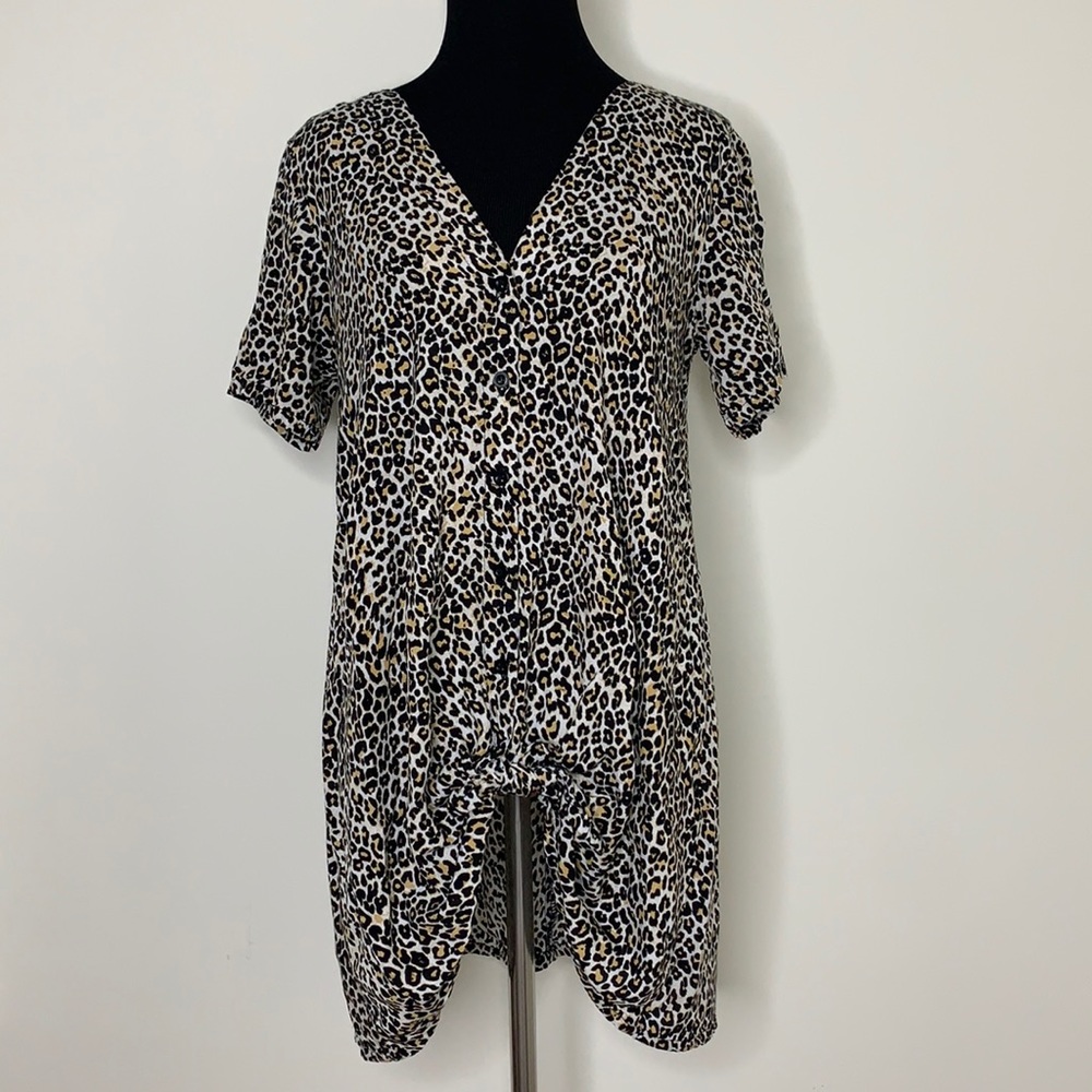 MOTEL ROCKS Oversized Leopard Front Tie Tunic Blouse Top XS